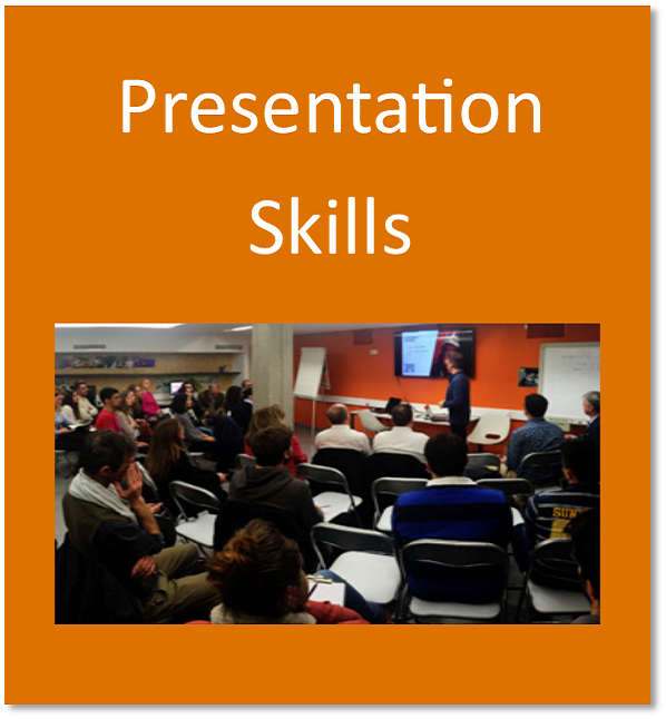 Presentation skills button containing a student delivering a presentation in a lecture theatre